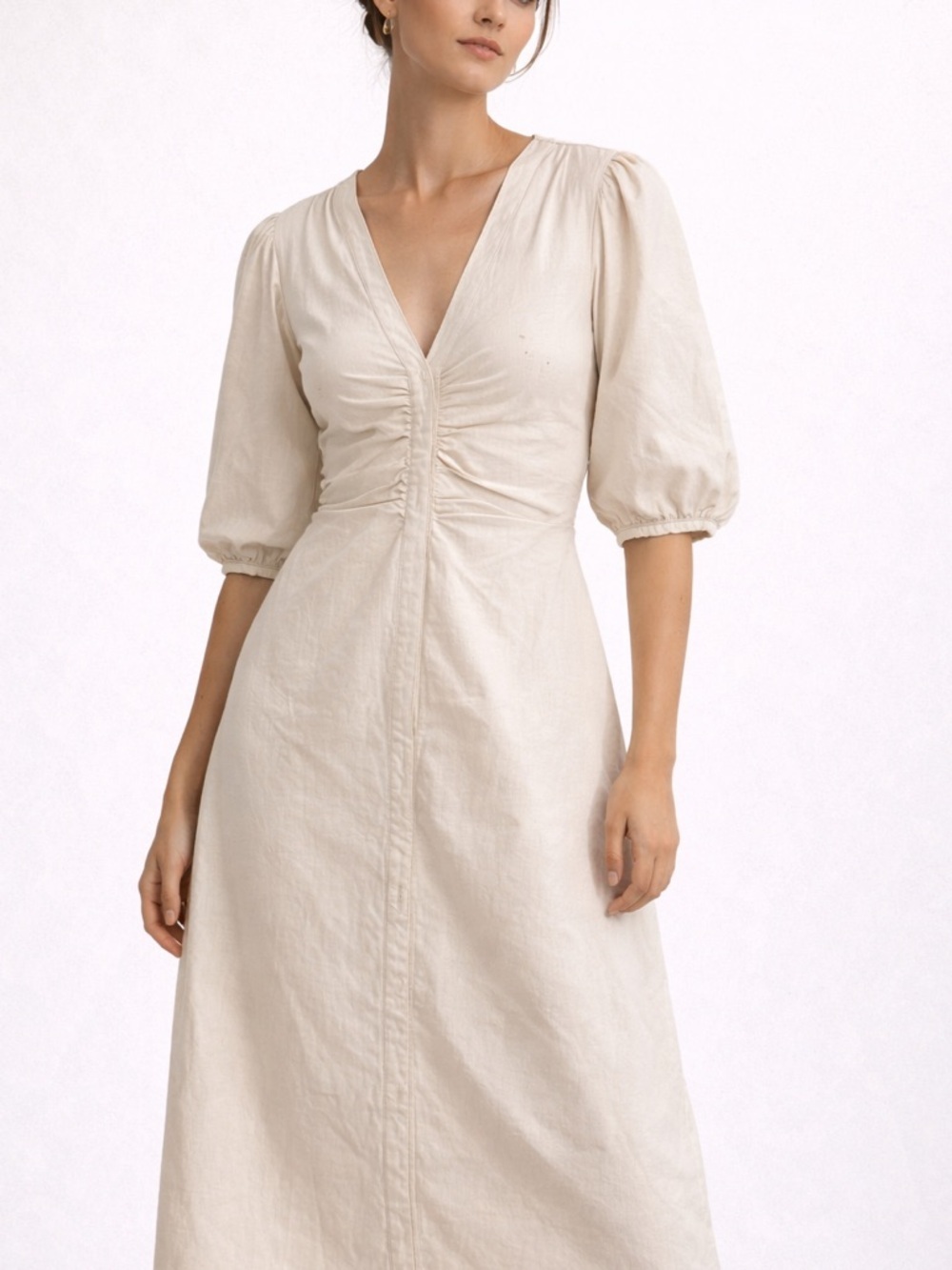 Zara Cream Midi Dress Ruched Front Puff Sleeve Button Down Linen Look SizeS NWT